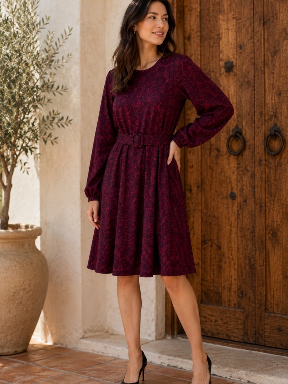 NWOT Burgundy Red Paisley Long Sleeve Dress by Icone Par Simons Size Large